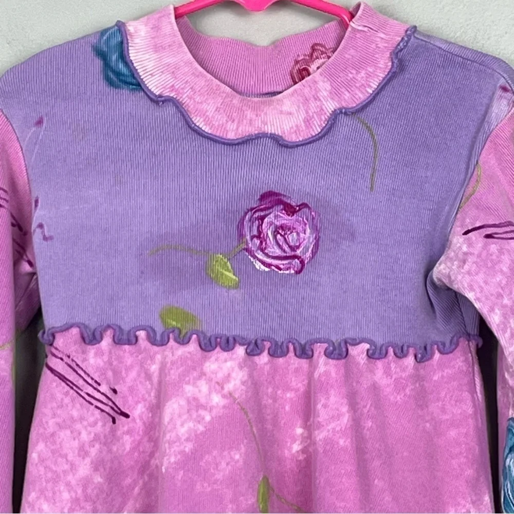 Indygo Artwear pink & purple handpainted floral ruffled 2 piece set, size 4.